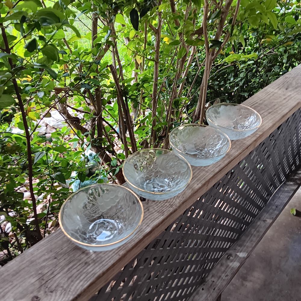 Vintage Set of 4 KIG Indonesia  Frosted Clear Ivy Grape Gold Trim